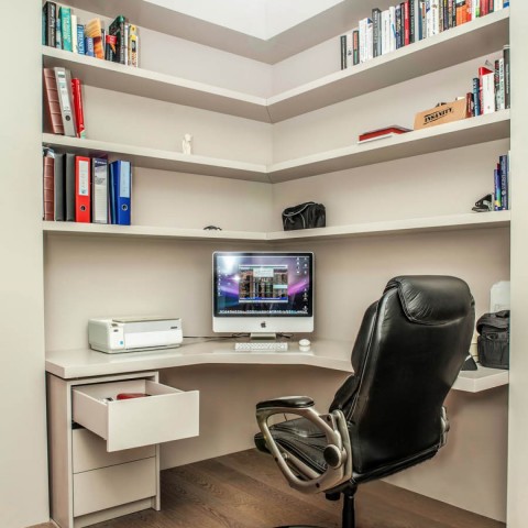 'L' shaped office floating shelves